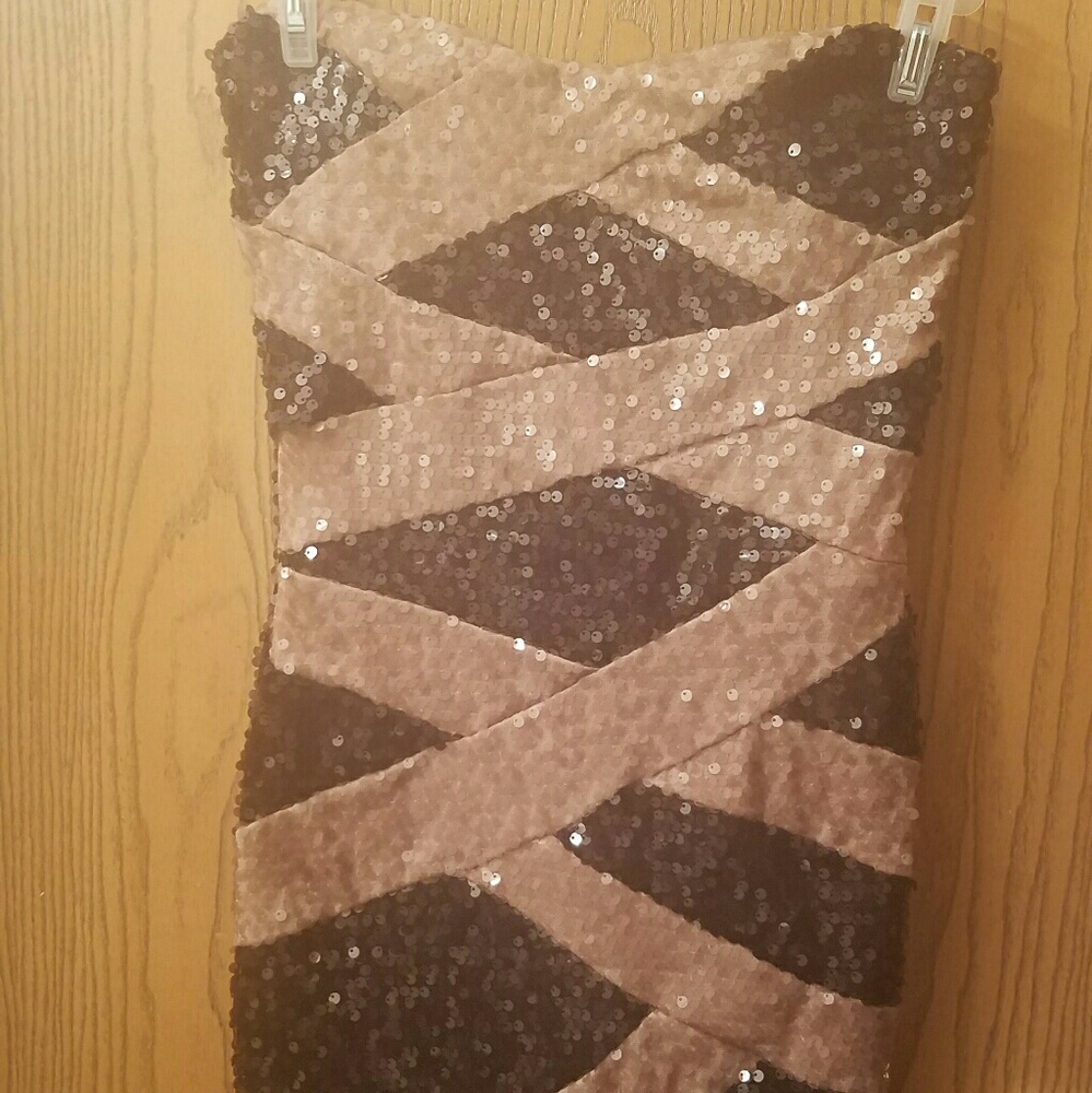 Formal, strapless, black & gold sequined mini dres